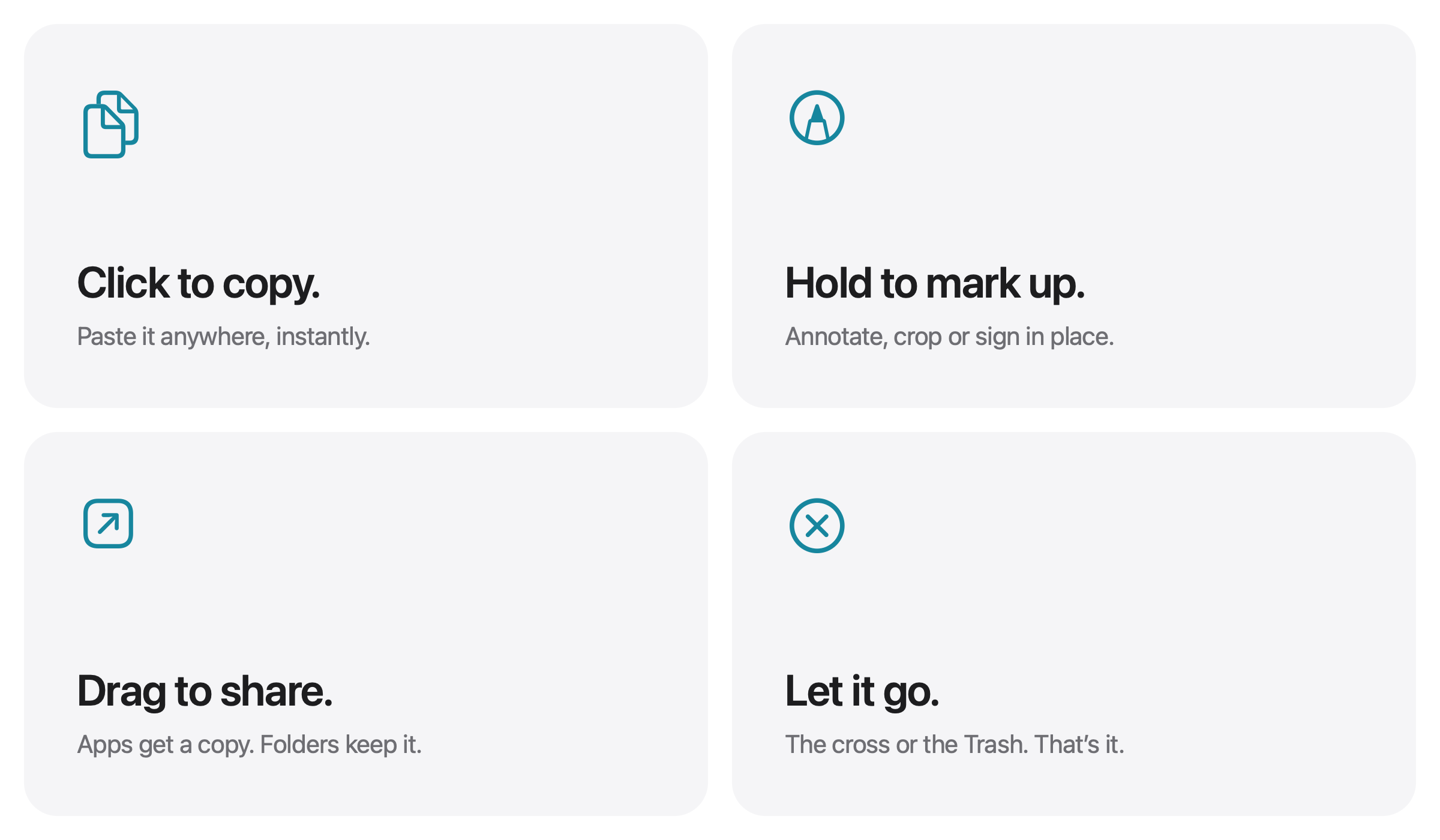 Four SnapHang interactions: click to copy, hold to mark up, drag to share, let it go