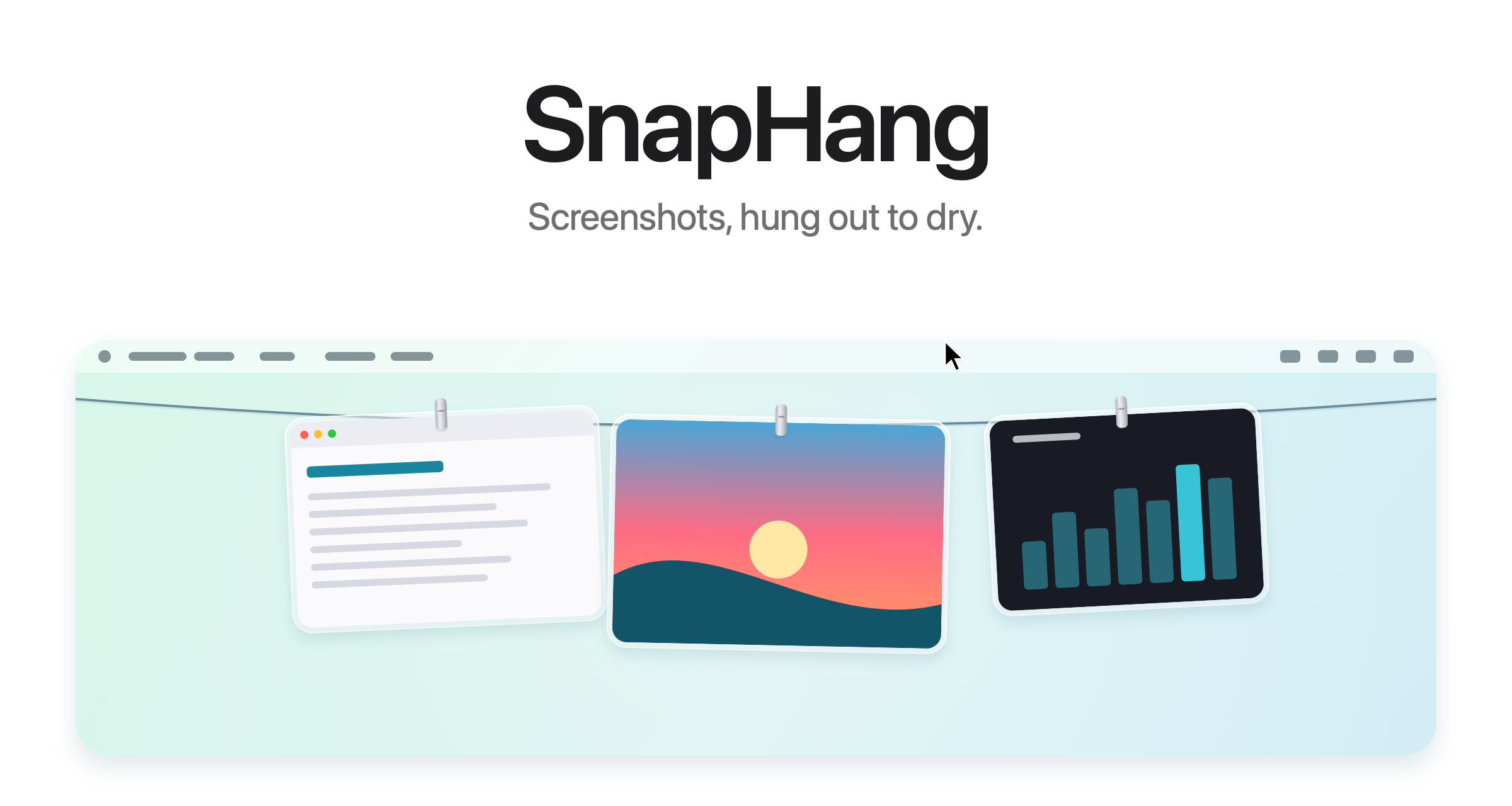 SnapHang catching three screenshots on a clothesline at the top of the screen
